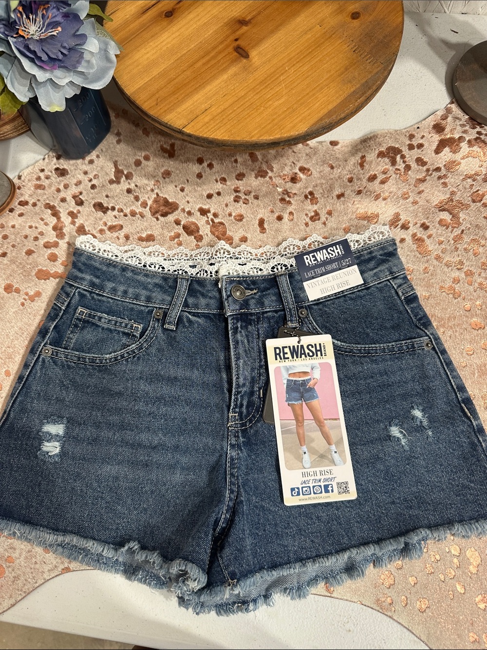 NWT Rewash Dark Blue High-Rise Denim Shorts with Lace Waist Trim